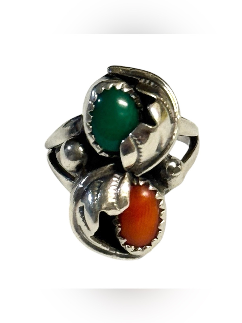 60’s Navajo Old Pawn Sterling Silver Green Turquoise & Red Coral Ring Sz 5